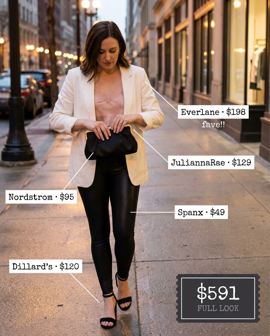 Romantic date night summer leggings outfits 2026: black faux leather leggings, a blush pink silk camisole, and an oversized black linen blazer. Styled with black block heel sandals and a black satin clutch for a sophisticated evening.