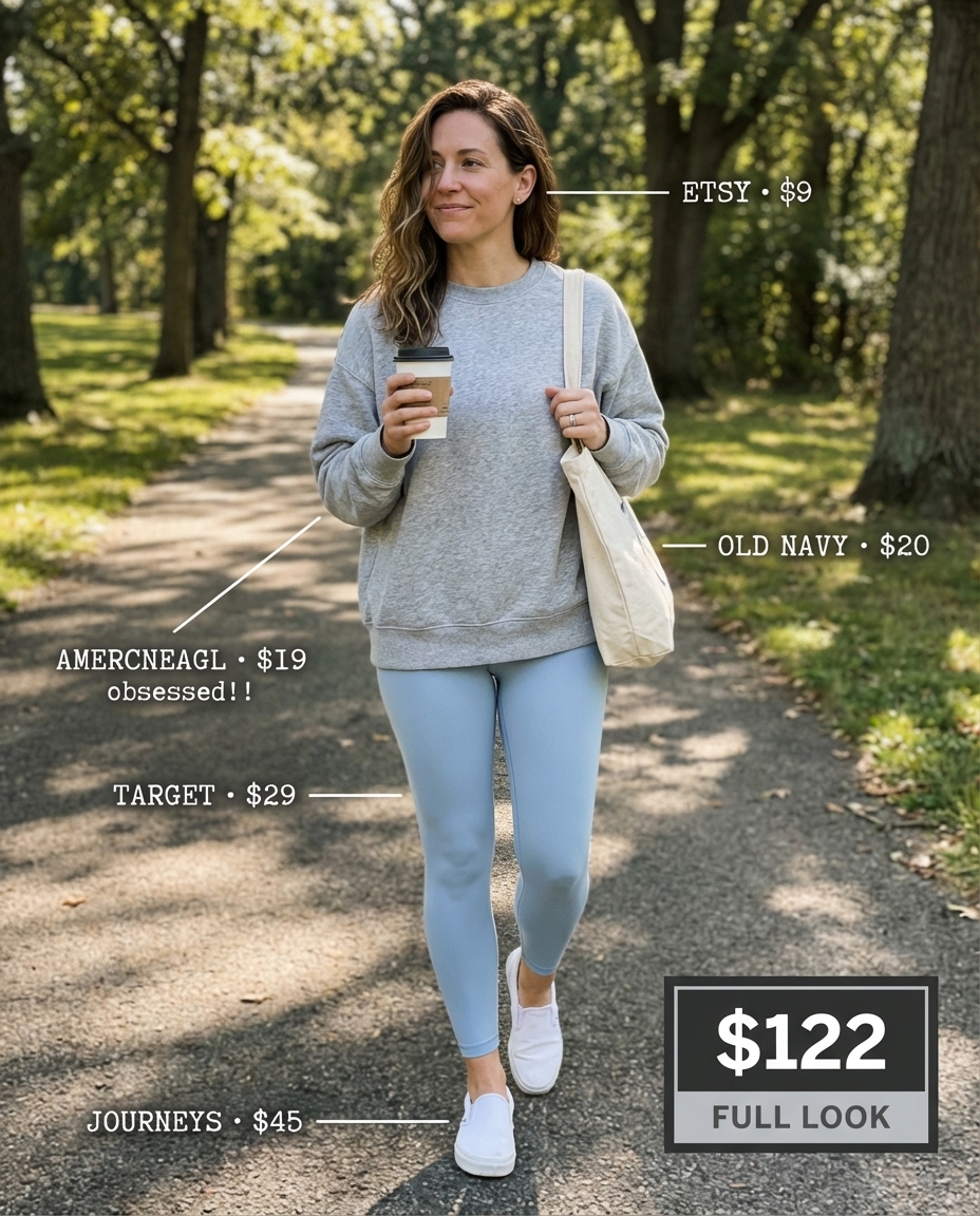 Cozy coastal morning summer leggings outfits 2026: light grey seamless leggings, a pastel blue oversized knit sweater, and white canvas slip-on sneakers. Completed with a canvas tote bag and delicate silver studs, ideal for a relaxed coffee run.