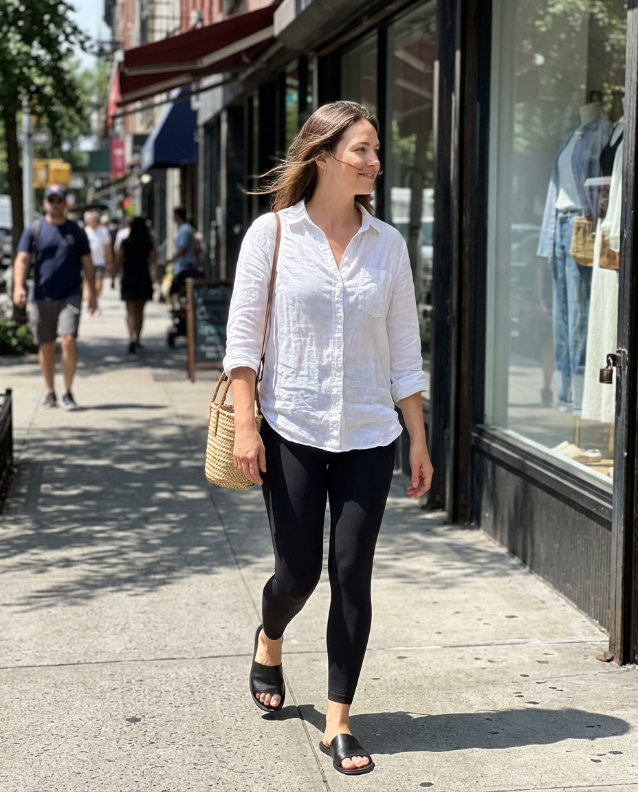 Effortless brunch summer leggings outfits 2026: black high-waisted leggings paired with an oversized white linen shirt and tan flat slides. Complete with a woven straw crossbody bag for a comfortable, chic daytime look.