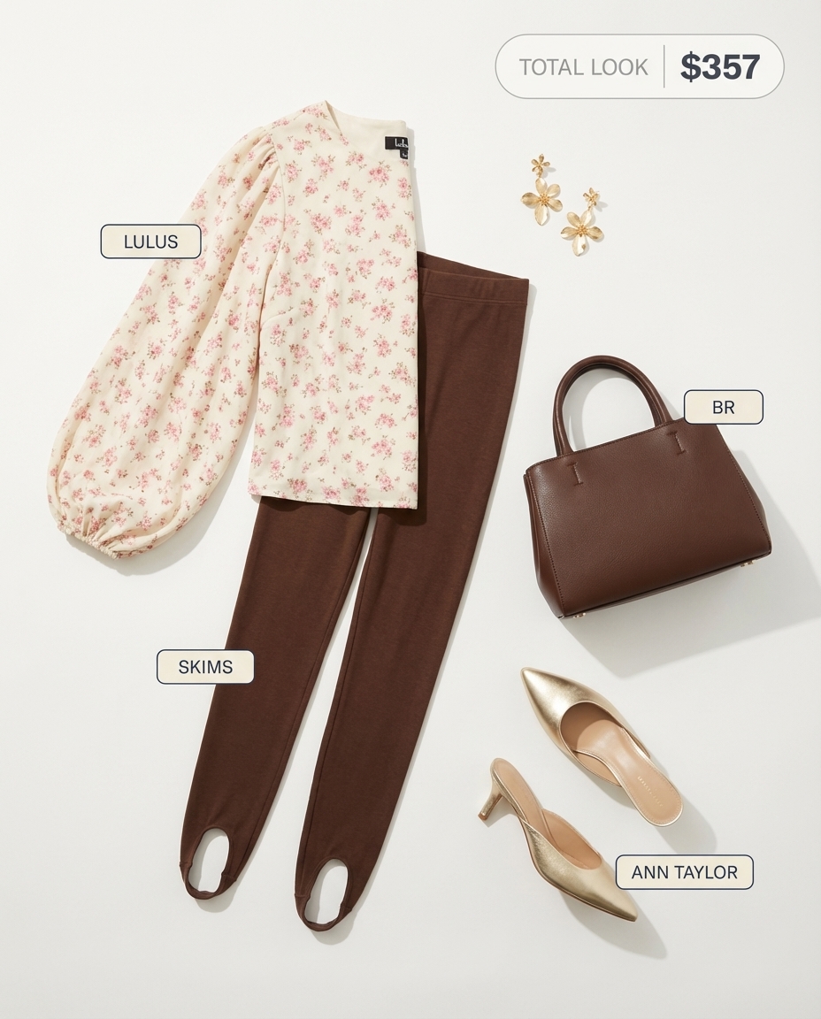 Elegant garden party summer leggings outfits 2026: chocolate brown stirrup leggings, a pink floral tunic, and gold metallic heeled mules. Accessorized with a cream top-handle bag and statement floral earrings for a unique daytime celebration.