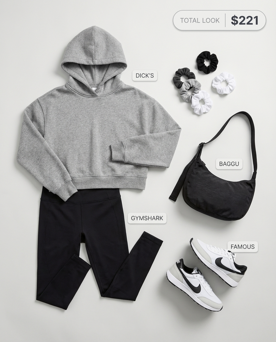 Comfortable black seamless performance leggings with a cropped grey hoodie and white chunky sneakers for gym to street summer leggings outfits 2026. Features a black cross-body pouch for errands.