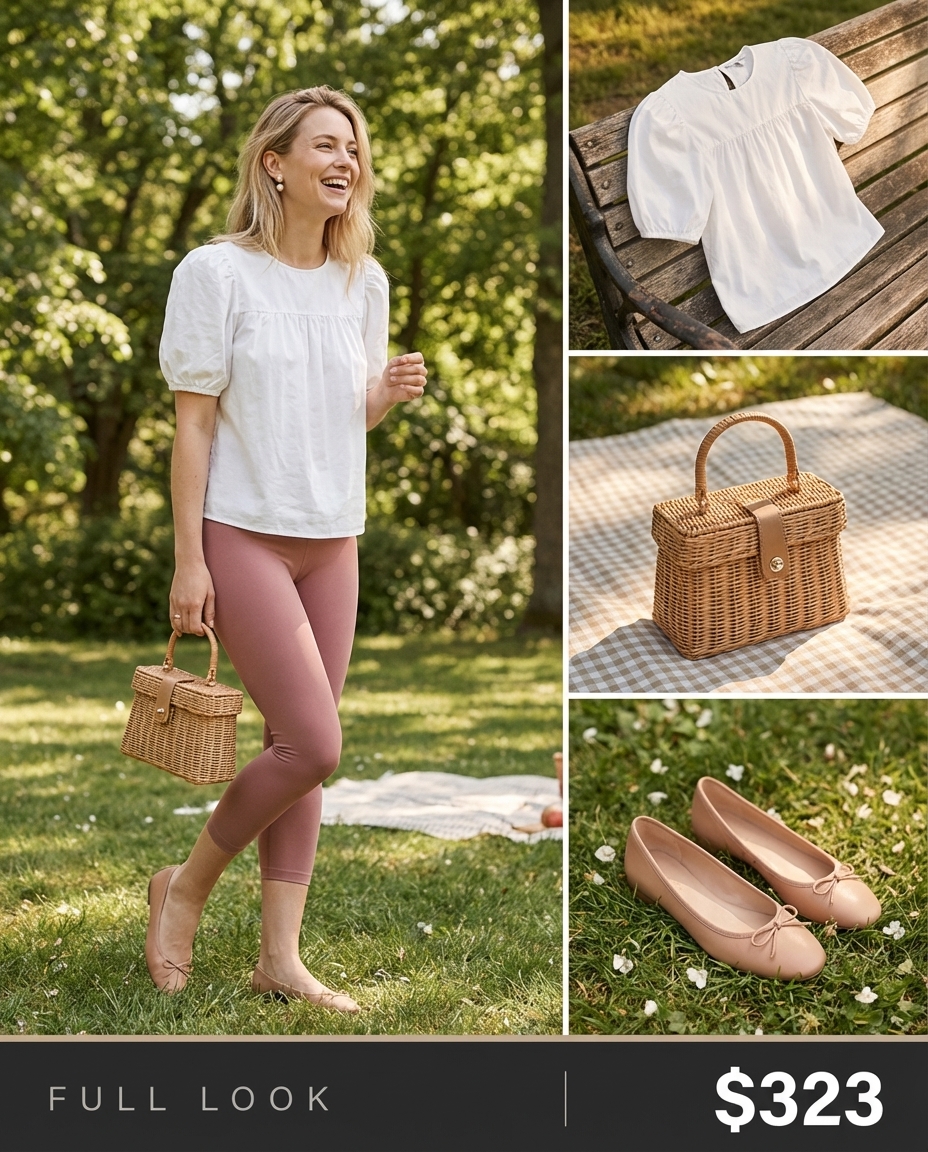 Sweet picnic outfit with dusty rose cropped leggings, a white puff-sleeve top, nude ballet flats, and a wicker basket bag. Feminine summer leggings outfits 2026.