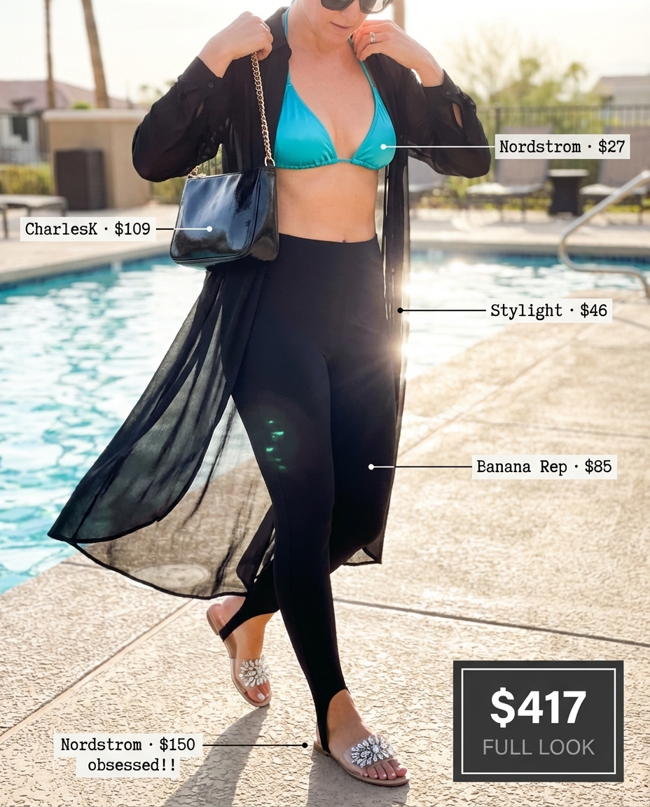 Glamorous poolside summer leggings outfits 2026: black stirrup leggings, turquoise bikini top and sheer white tunic. Accessorized with black embellished slides and a structured shoulder bag, perfect for a chic resort lunch.