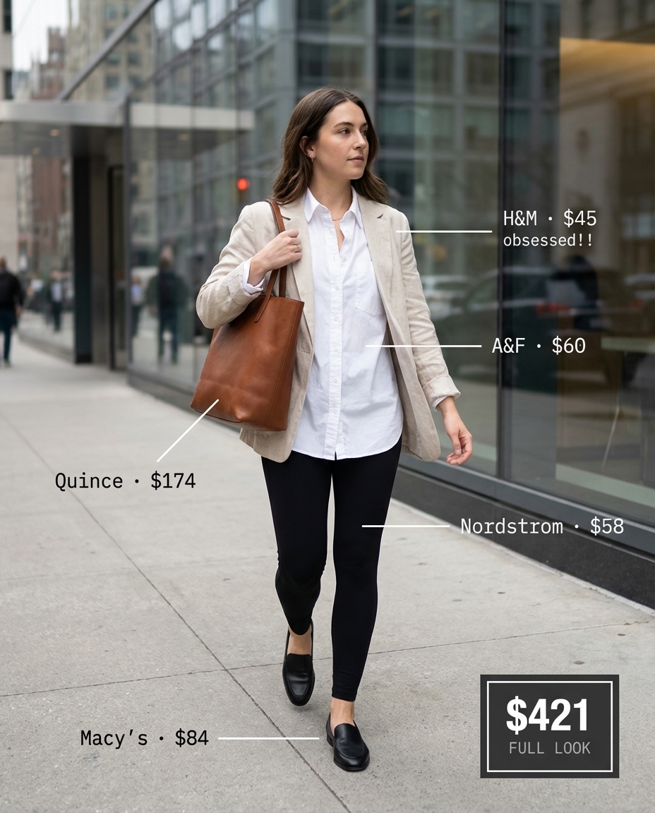Professional business casual look featuring black Ponte knit leggings, a white button-down shirt, camel longline blazer, and black loafers. Smart summer leggings outfits 2026.