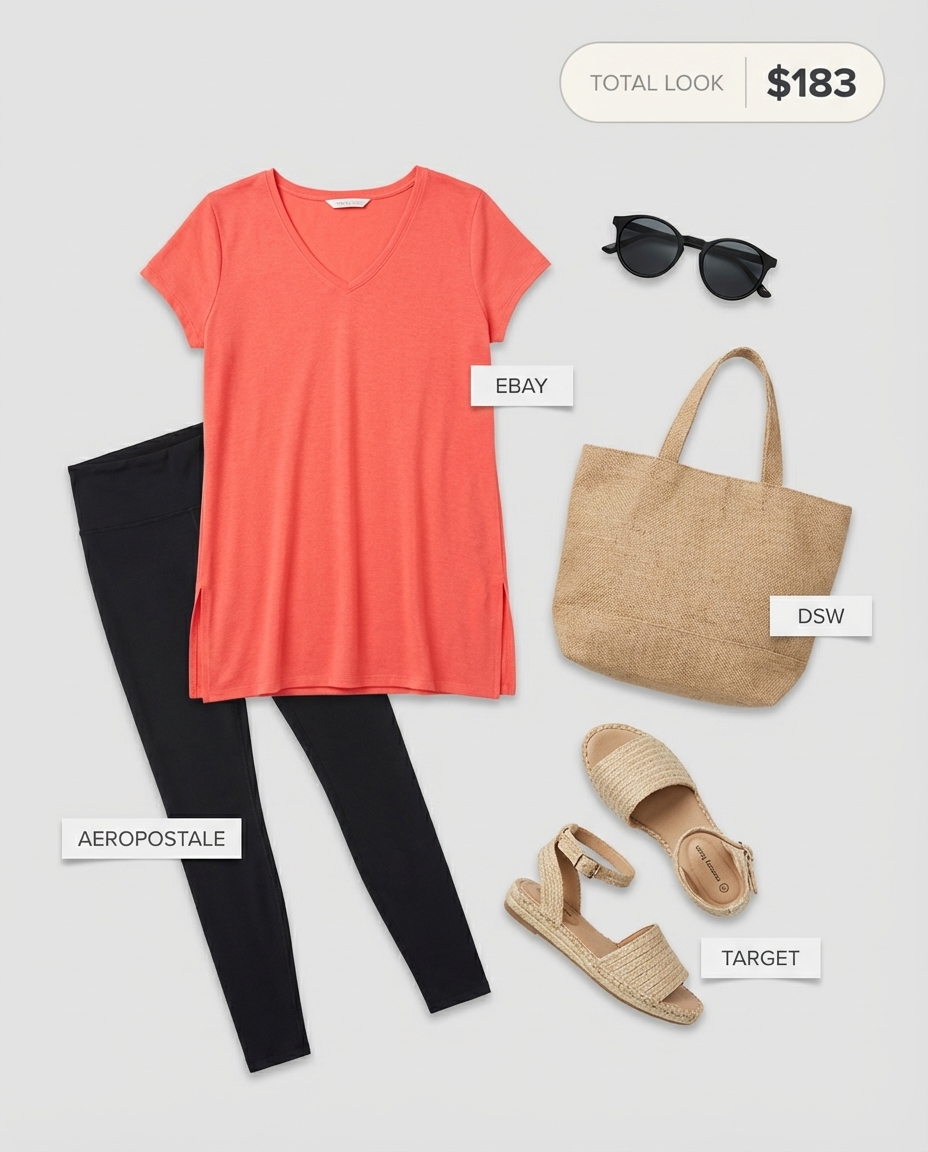 Relaxed resort wear featuring black high-waisted jersey leggings, a flowy coral tunic, and jute espadrille sandals. Perfect summer leggings outfits 2026 for a vacation getaway.