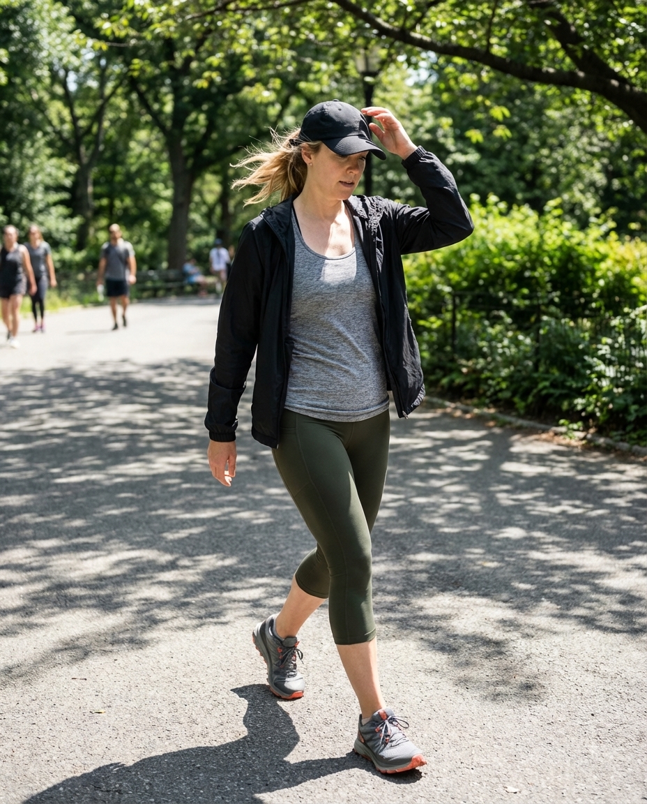 Practical black capri leggings with an olive green performance tank top and grey windbreaker for sporty summer leggings outfits 2026. Styled for hiking or travel with trail running shoes and a baseball cap.