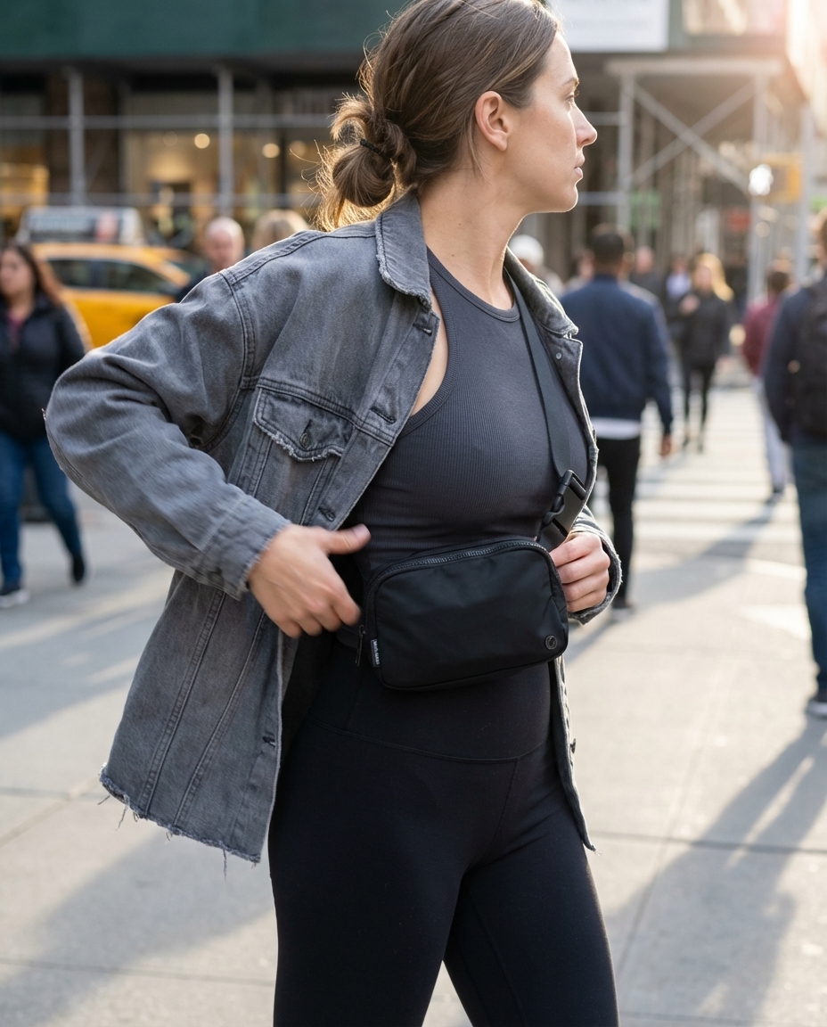 Edgy urban summer leggings outfits 2026: black ankle-length leggings, a fitted black racerback crop top, and an oversized dark wash denim jacket. Accessorized with chunky black athletic sneakers and a black nylon belt bag for city sightseeing.