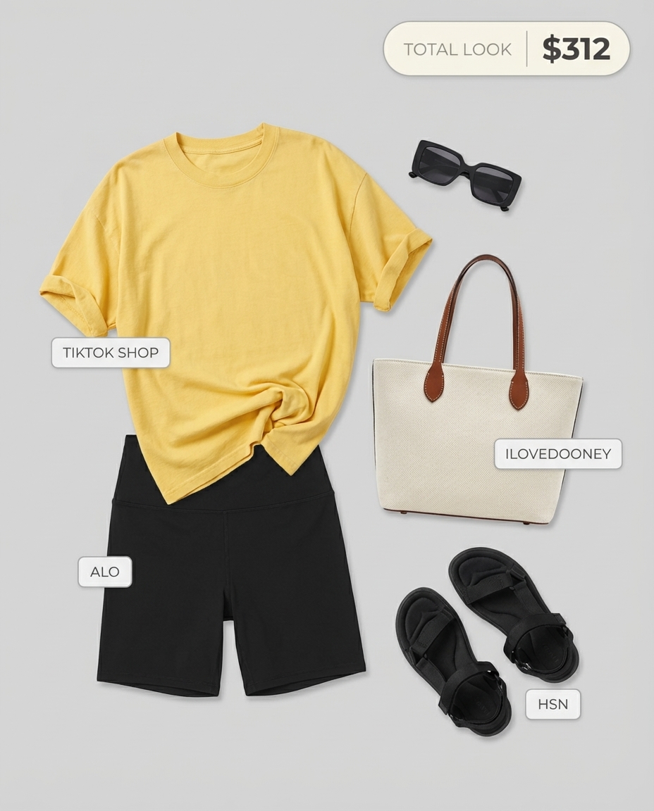 Comfortable vacation travel outfit featuring black cycling shorts, an oversized white graphic t-shirt, sport sandals, and a yellow tote bag. Casual summer leggings outfits 2026.