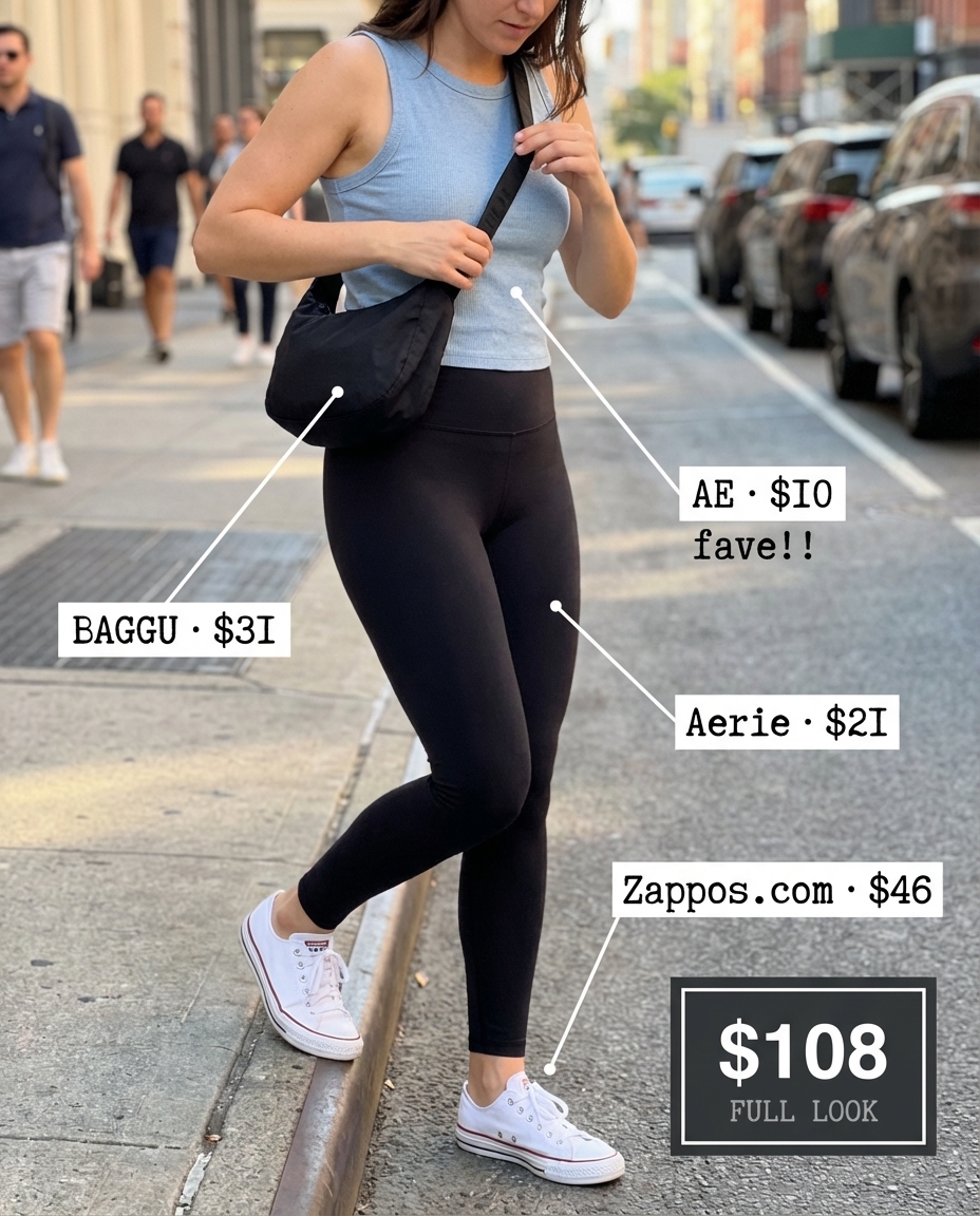 Relaxed weekend summer leggings outfits 2026: black cotton leggings, a white tank top, and a light-wash chambray shirt worn open. Styled with classic white canvas sneakers and a black nylon crossbody bag for a comfortable coffee meetup.