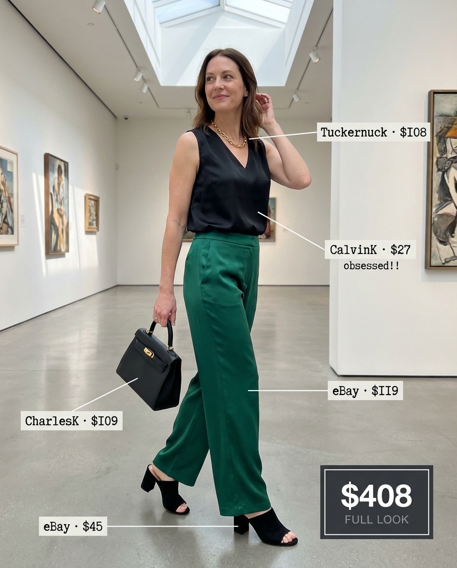 Sophisticated summer mom outfits 2026: Emerald green wide-leg trousers, black satin sleeveless blouse, black mules, gold chain necklace, and black top-handle bag, perfect for an art gallery visit or upscale lunch.
