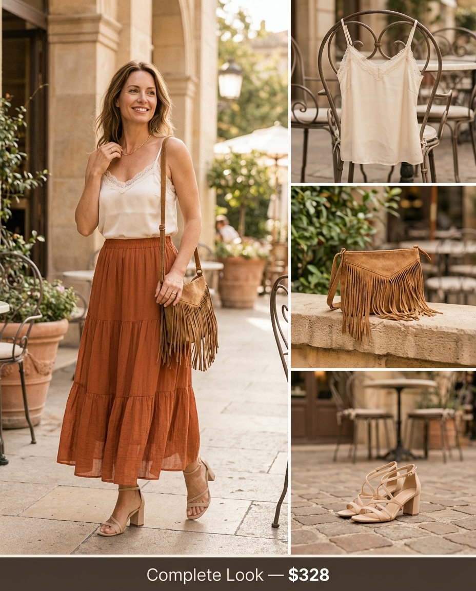 Boho luxe summer mom outfits 2026 featuring a flowing cream cotton gauze maxi skirt and a rust orange silk blend lace-trim camisole. Paired with tan flat slide sandals, a cognac woven saddle bag, and layered gold coin necklaces for evening gatherings.