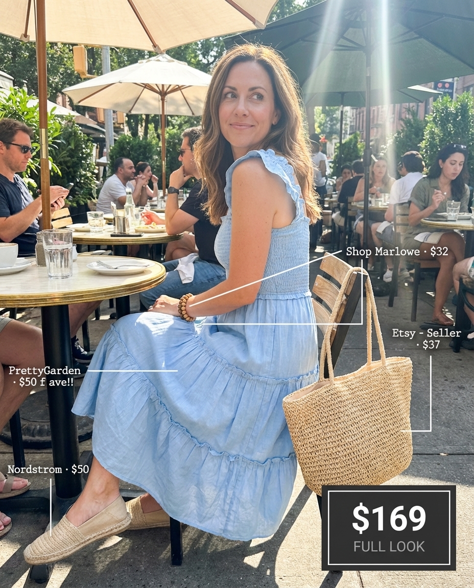A charming light blue smocked midi dress, white espadrille sandals, and round straw tote create a romantic summer mom outfit 2026 for a cafe rendezvous.