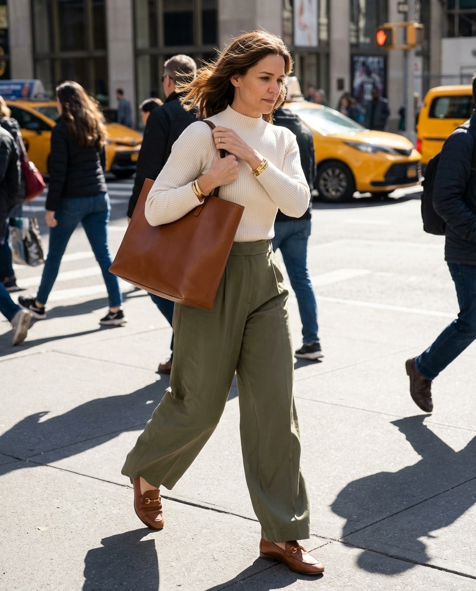 A polished city safari chic summer mom outfit 2026 with olive green tailored linen pants, an ivory knit top, cognac loafer mules, and a matching leather tote.