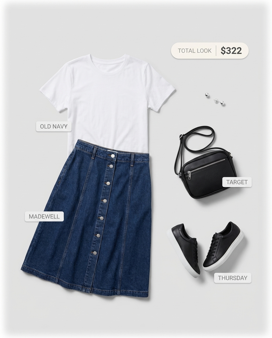 A classic city stroll summer mom outfit 2026 featuring a dark wash denim A-line midi skirt, white crew neck tee, black sneakers, and a black crossbody bag. Effortless urban style.