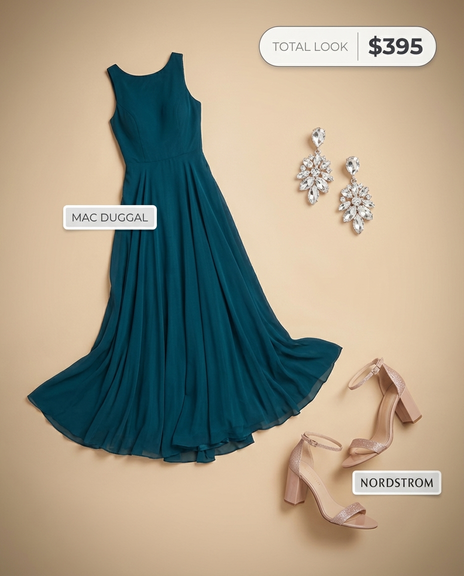 Elegant deep teal chiffon V-neck maxi dress with delicate pleating for refined summer mom outfits 2026. Paired with nude strappy block heel sandals, a gold metallic clutch, and gold drop earrings, ideal for an evening garden party or summer wedding guest.