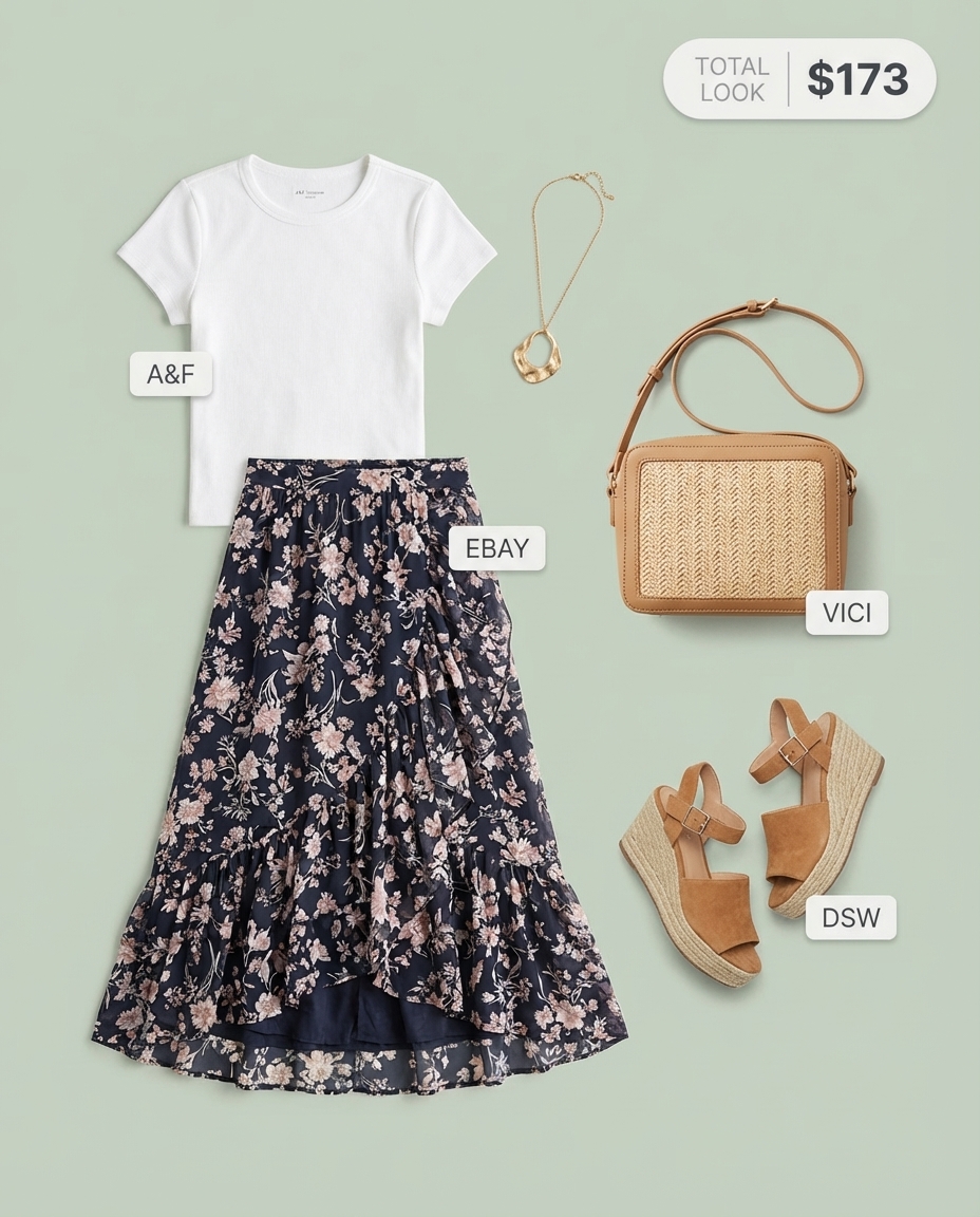 A feminine navy floral tiered midi skirt, white fitted t-shirt, tan espadrille wedges, and woven straw crossbody create a fresh summer mom outfit 2026.