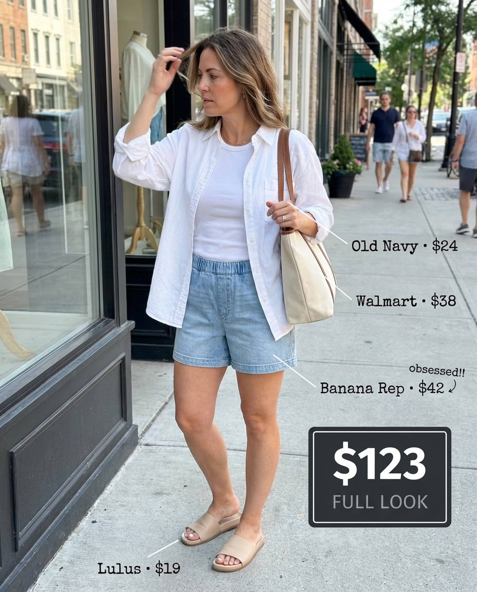 A practical weekend market explorer summer mom outfit 2026 with light wash denim shorts, an oversized white button-down, nude slide sandals, and a canvas tote.