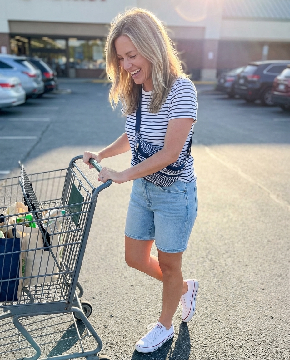 Casual sporty summer mom outfits 2026 featuring high-waisted light wash denim shorts and a classic navy and white striped t-shirt. Styled with white canvas low-top sneakers and a fire engine red nylon belt bag worn crossbody, perfect for park playdates or errands.