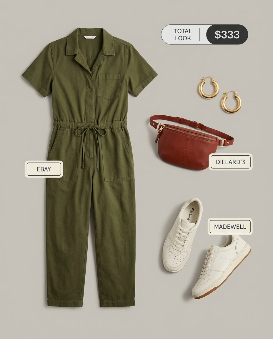 Practical and stylish summer mom outfits 2026: Olive green utility jumpsuit, white leather sneakers, black belt bag worn crossbody, and gold hoop earrings for a park playdate.