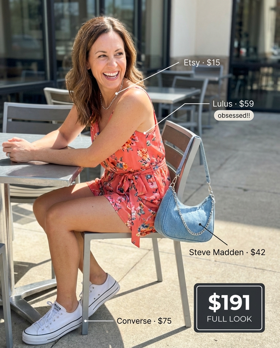 A playful coral floral print romper, white platform sneakers, and a denim crossbody bag create a carefree summer mom outfit 2026 for a day trip.