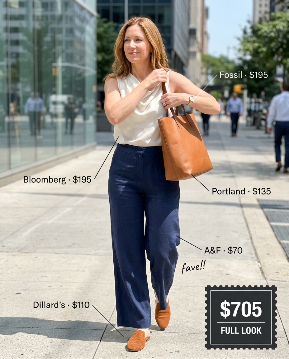 Professional summer mom outfits 2026: Navy wide-leg linen blend trousers, off-white silk blouse, tan suede mules, cognac leather tote, and gold watch for the office.