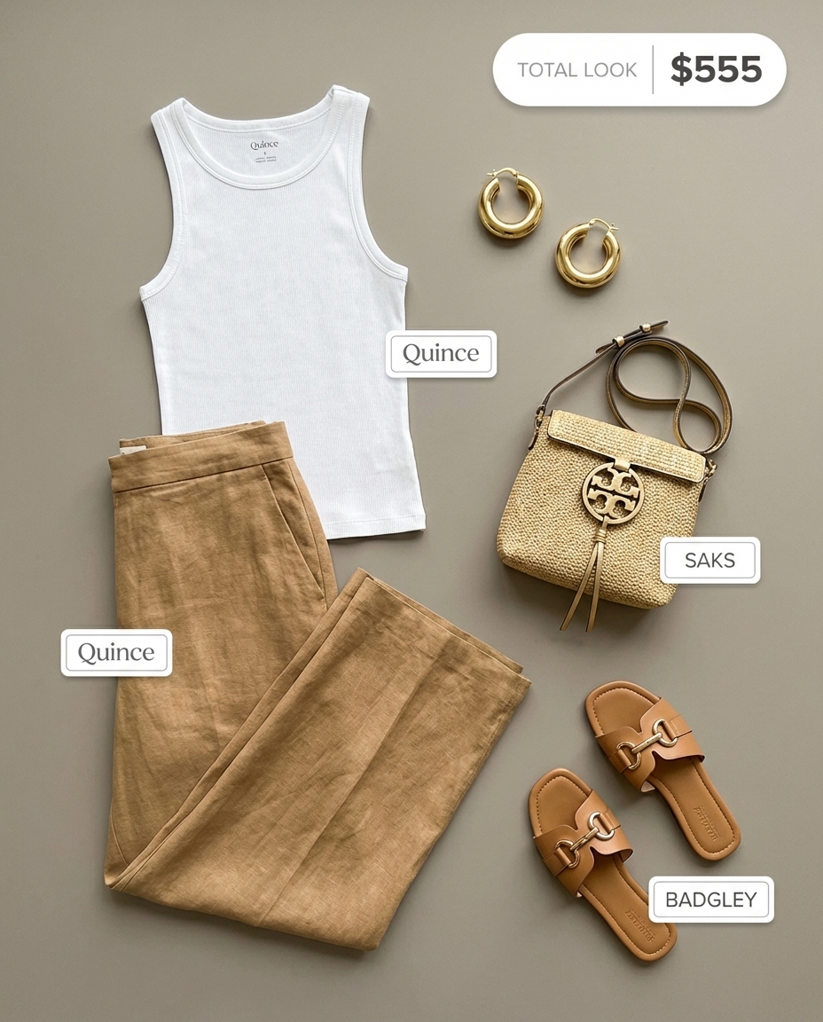 An elegant white linen wide-leg pants summer mom outfit 2026 with a taupe ribbed tank, gold slide sandals, and a raffia crossbody bag for vacation.