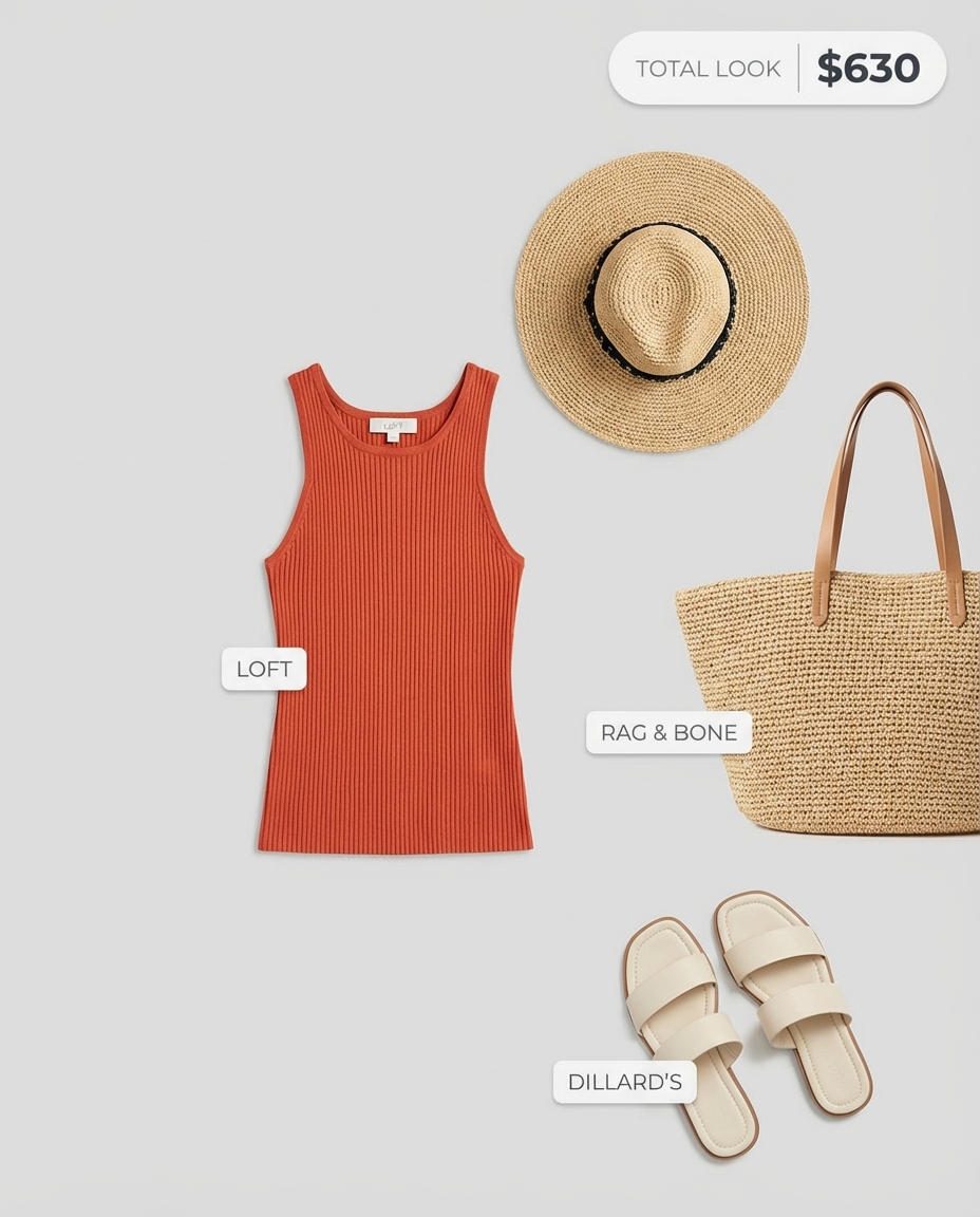 A sophisticated terracotta linen blend two-piece set, cream ribbed tank, gold slide sandals, and large straw tote for stylish summer mom outfits 2026.