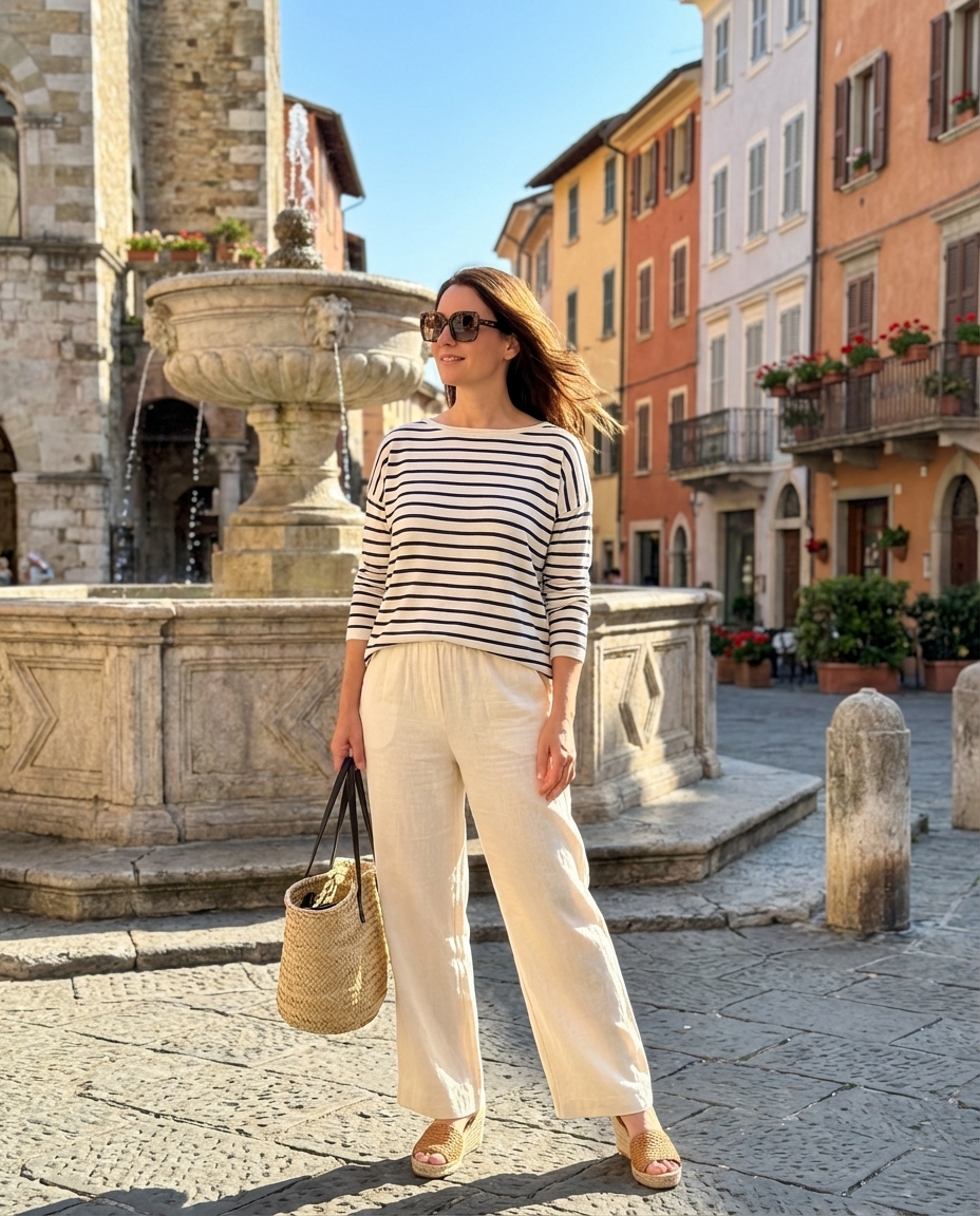 A chic Riviera-inspired summer mom outfit 2026 with navy wide-leg linen trousers, striped boat neck top, tan espadrille sandals, and a straw tote bag.