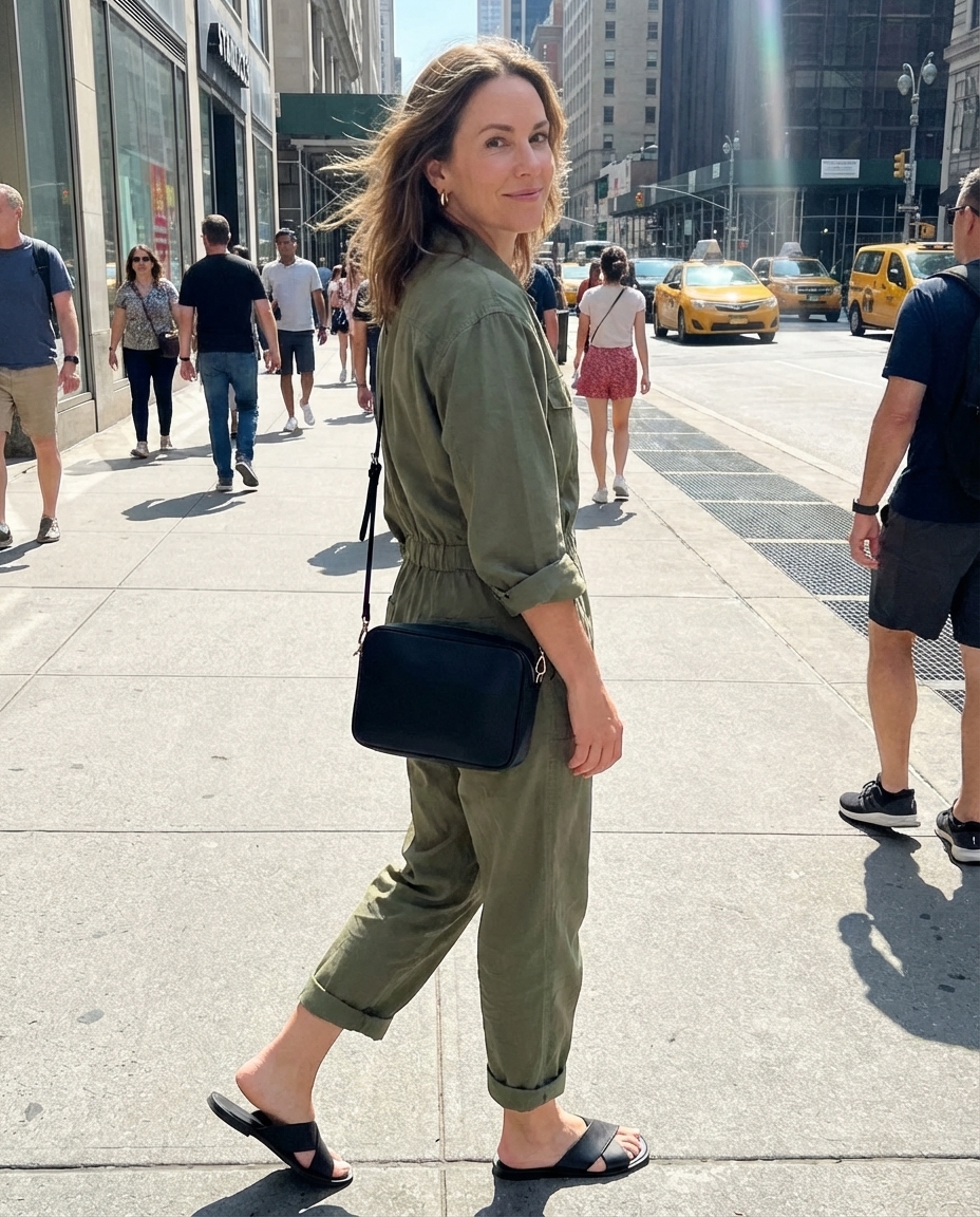 Adventurous and chic summer mom outfits 2026: Khaki green utility jumpsuit, black slide sandals, black mini crossbody bag, and simple gold hoops for urban exploration.