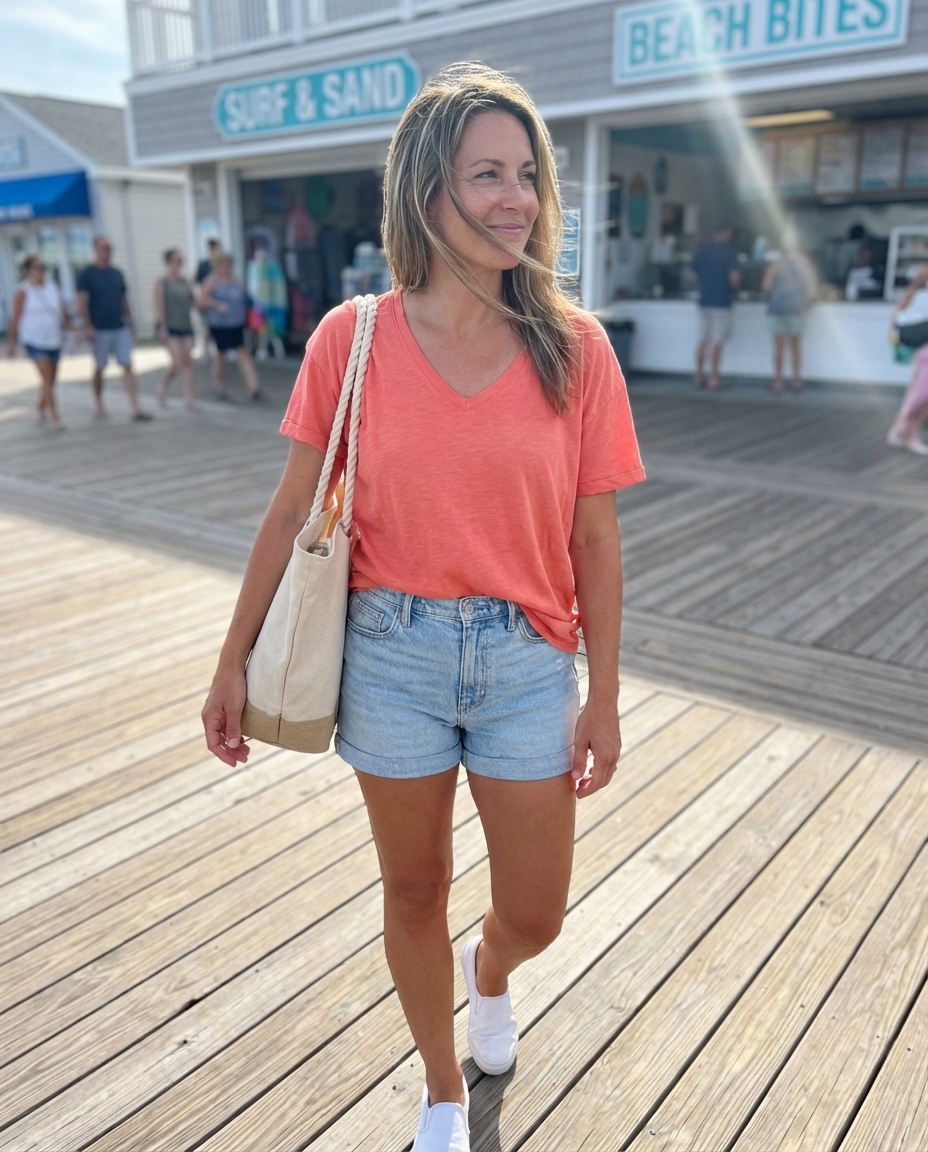 Relaxed high-rise light wash denim shorts with a raw hem and a loose-fitting coral V-neck t-shirt for weekend getaway summer mom outfits 2026. Paired with white canvas slip-on sneakers and an off-white canvas tote bag for comfortable, timeless style.
