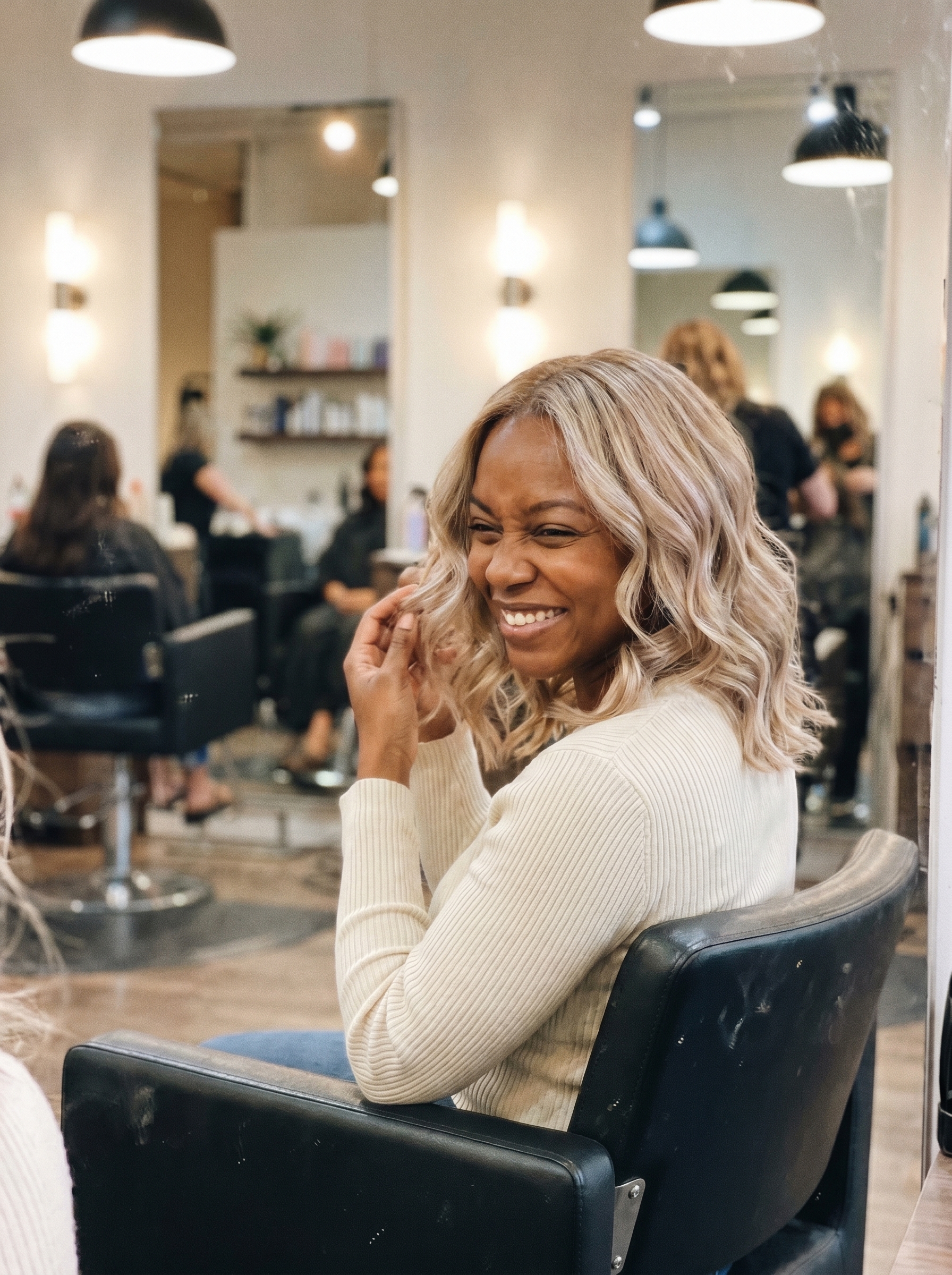 Sophisticated antique pearl blonde hair with vanilla cream and iridescent tones, a must-have summer soft hair color 2026. This ethereal look is perfect for everyday, work, or special occasions, featuring Oribe oil and Redken treatment for strength.