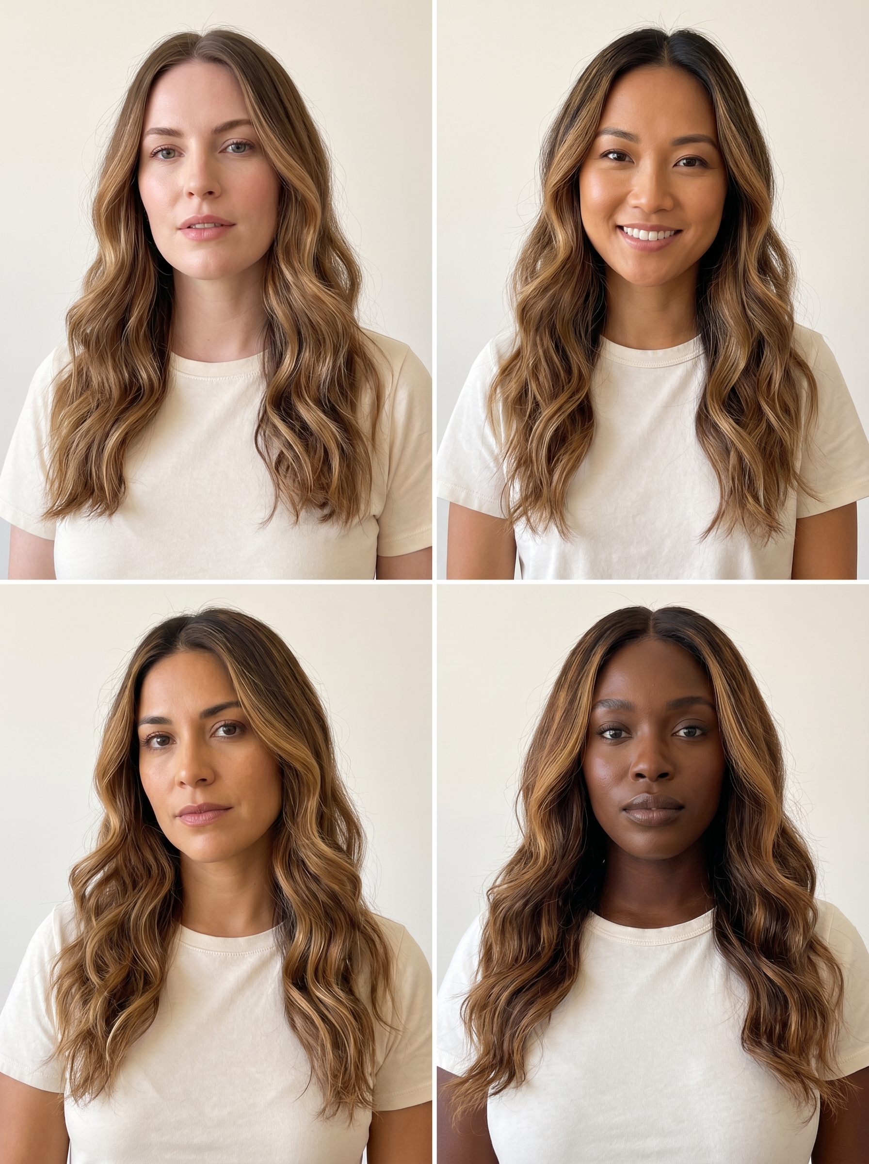 Beautiful soft-focus caramel balayage on medium brunette hair, a natural summer soft hair color 2026. This lived-in look is ideal for everyday, work, or casual settings, featuring warm caramel and golden brown tones protected by Oribe oil.