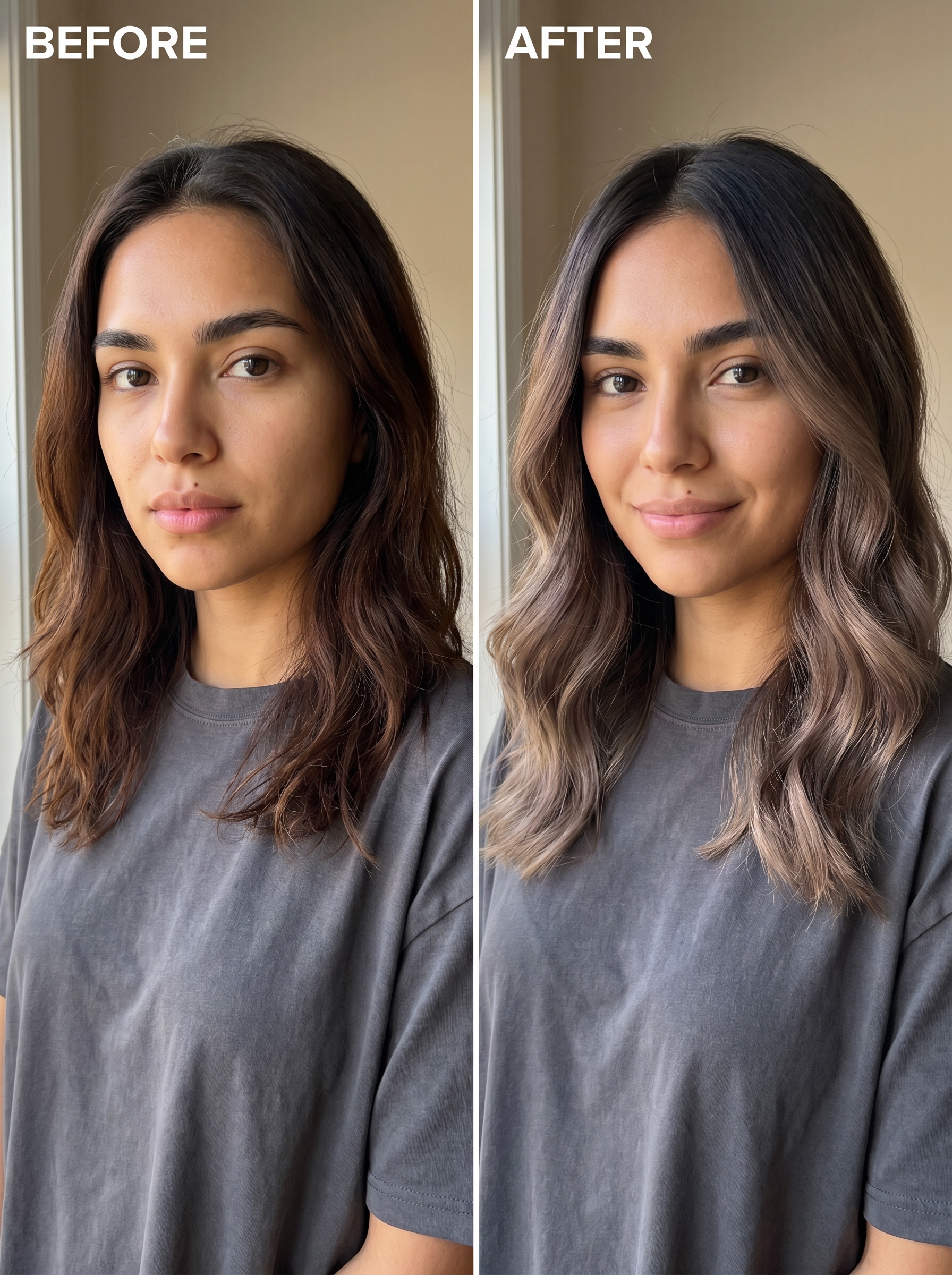 Sophisticated mushroom mocha root tap with ash brown and cool mocha tones, an understated summer soft hair color 2026. This natural, refined look is ideal for everyday and work settings, maintained with blue toning shampoo and UV protection.