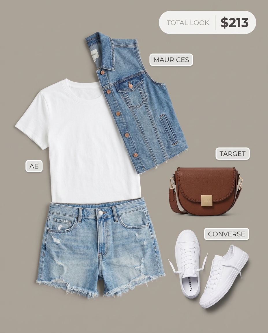 Cool denim-on-denim summer streetwear with a cropped denim vest, white tee, frayed shorts, white sneakers, and a cognac crossbody for a casual festival look.
