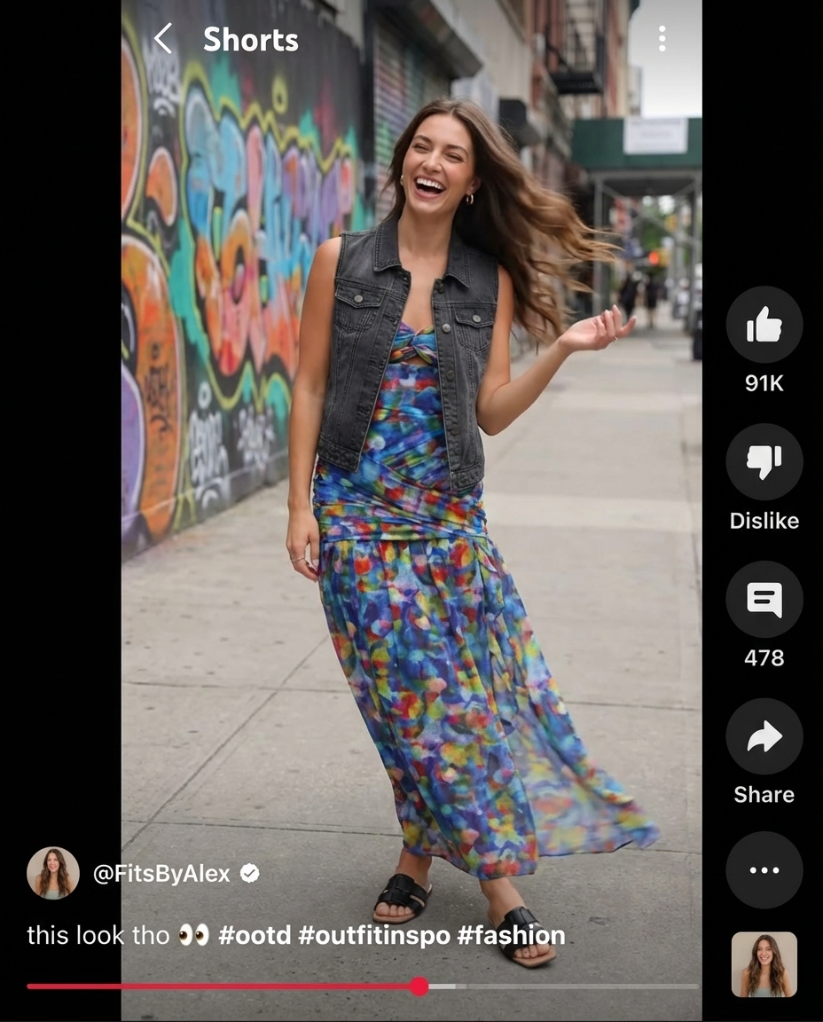 Bold graphic print maxi dress in blue, orange, and cream with a black denim vest and flat slide sandals, ideal for festival summer streetwear.