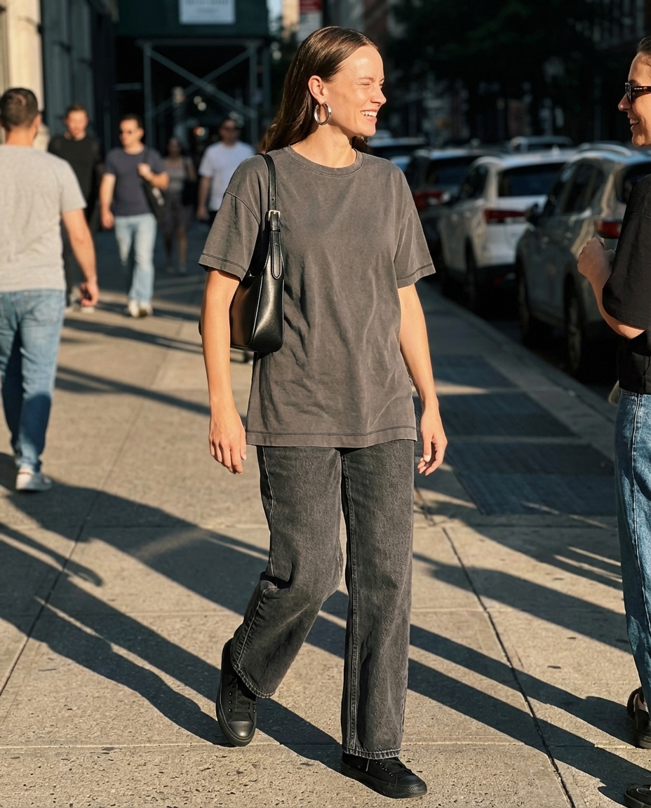 Monochrome cool summer streetwear featuring an oversized black t-shirt, grey wide-leg jeans, black high-top sneakers, a black shoulder bag, and silver hoop earrings.