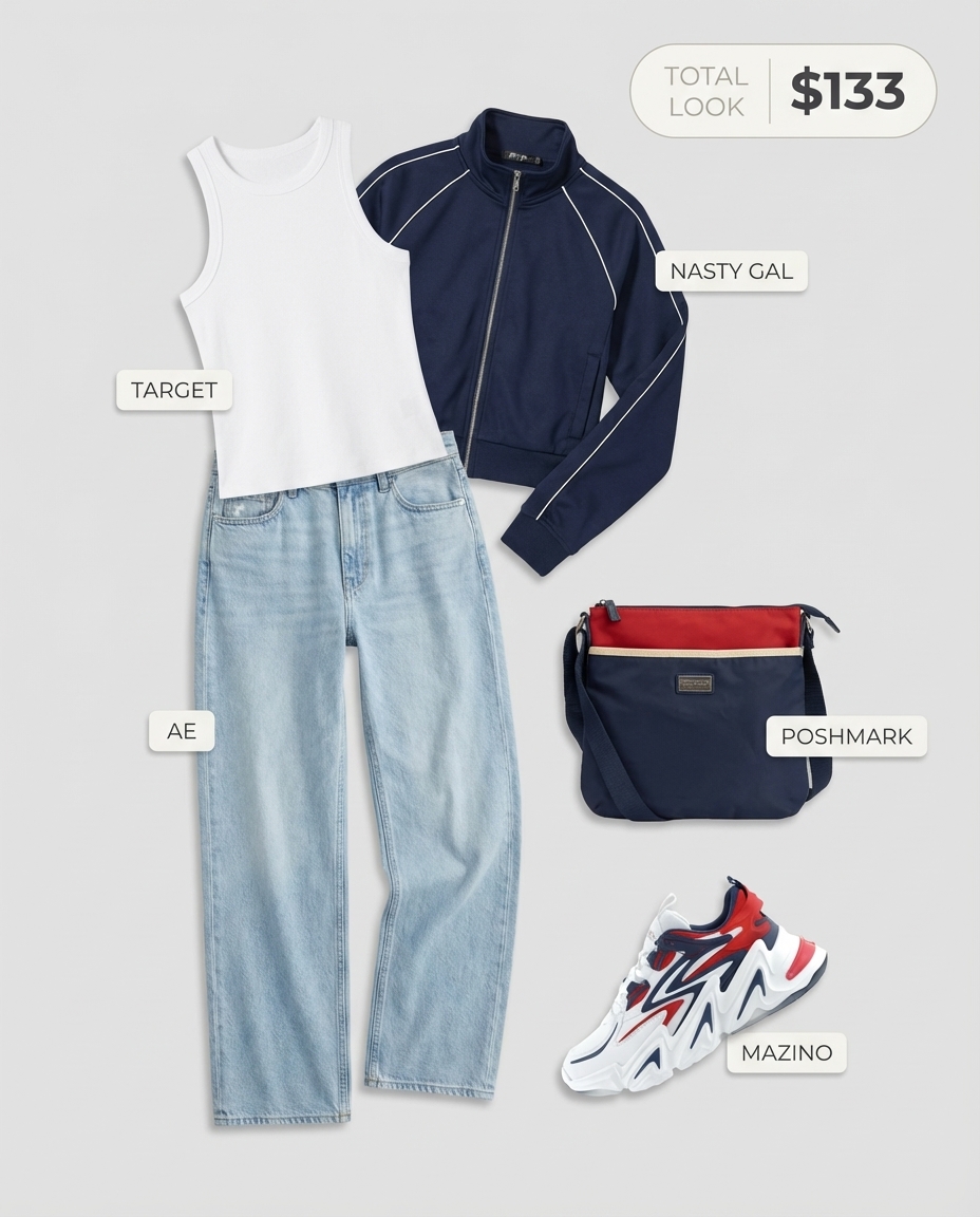 Retro sporty summer streetwear featuring a navy blue track jacket, white tank top, light wash wide-leg jeans, a navy crossbody bag, and chunky color-block sneakers.