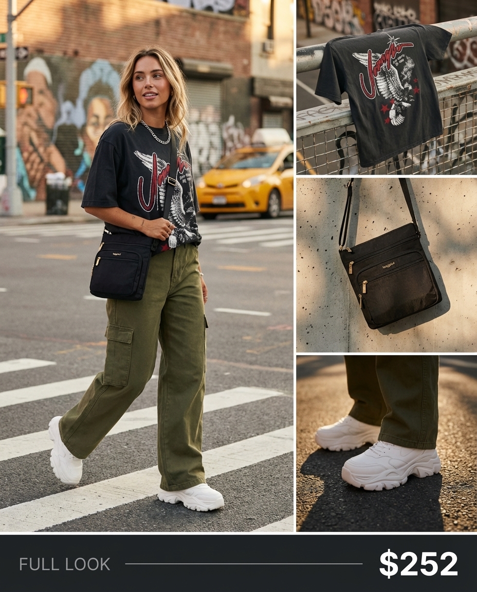 Edgy and comfortable summer streetwear featuring olive green wide-leg cargo pants, an oversized graphic tee, chunky platform sneakers, and a nylon crossbody.