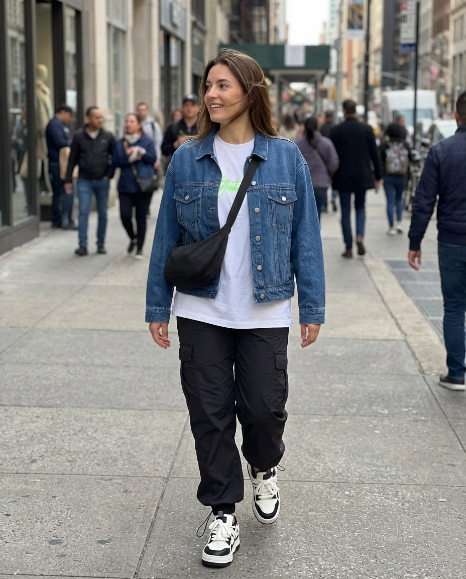 Stylish dark wash denim jacket paired with black cargo pants and chunky sneakers, perfect for cool urban summer streetwear style.