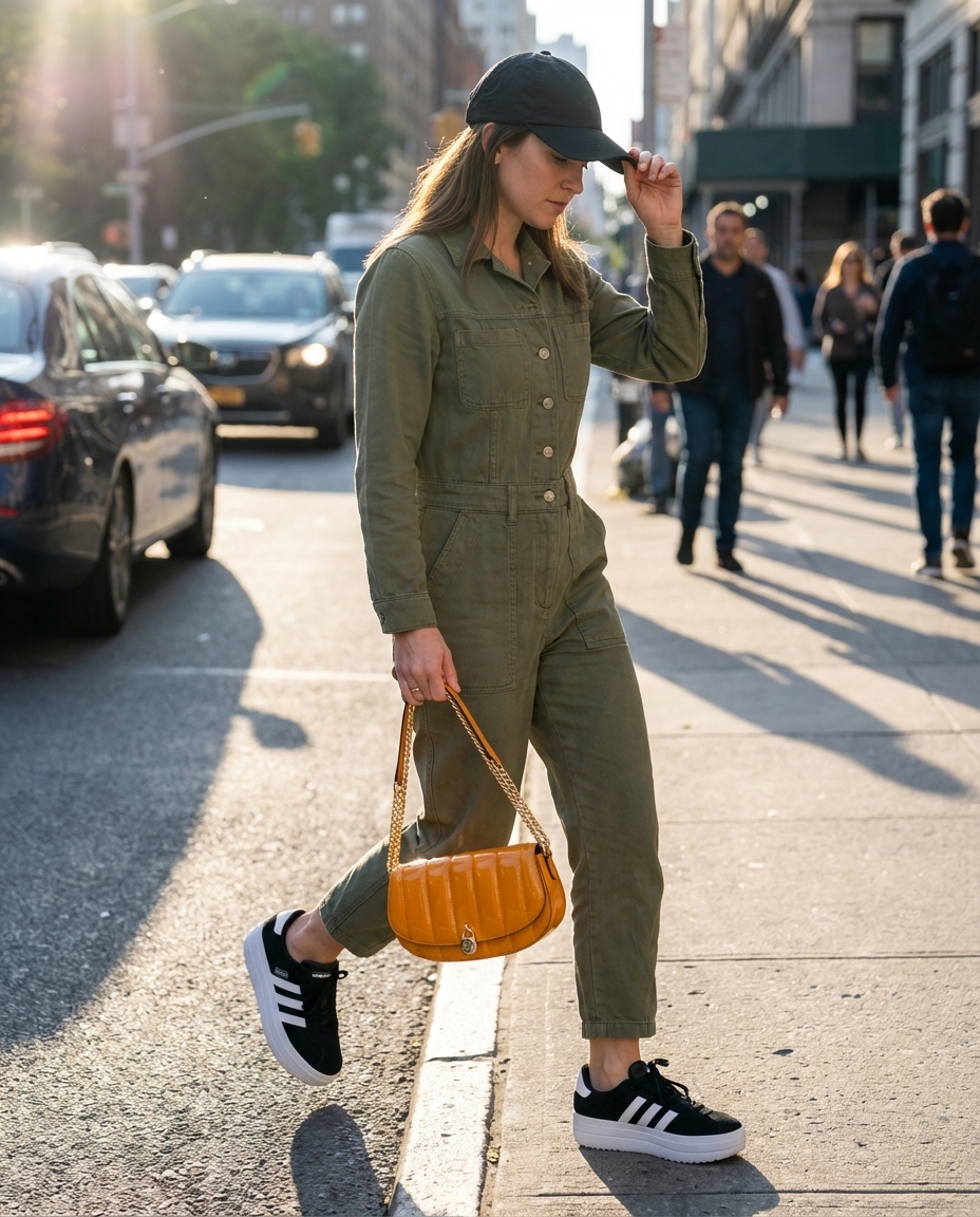 Bold olive green utility jumpsuit with black platform sneakers, a matching baseball cap, and a vibrant orange mini crossbody bag, showcasing functional summer streetwear.