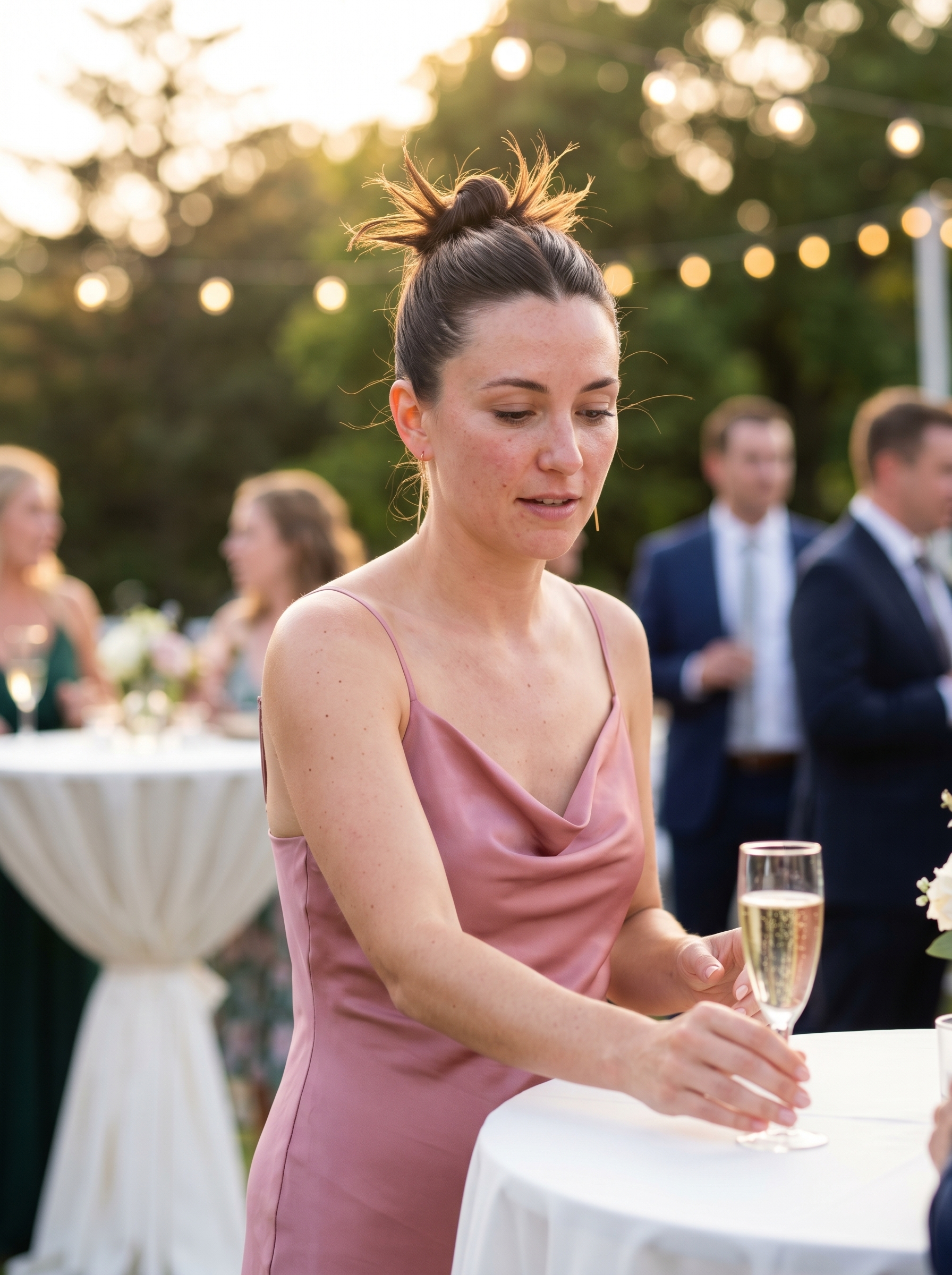 A sleek, spiky high knot hairstyle in deep brunette, styled with strong-hold gel for a modern summer wedding guest hairstyle 2026. Perfect for a fashion-forward celebration.