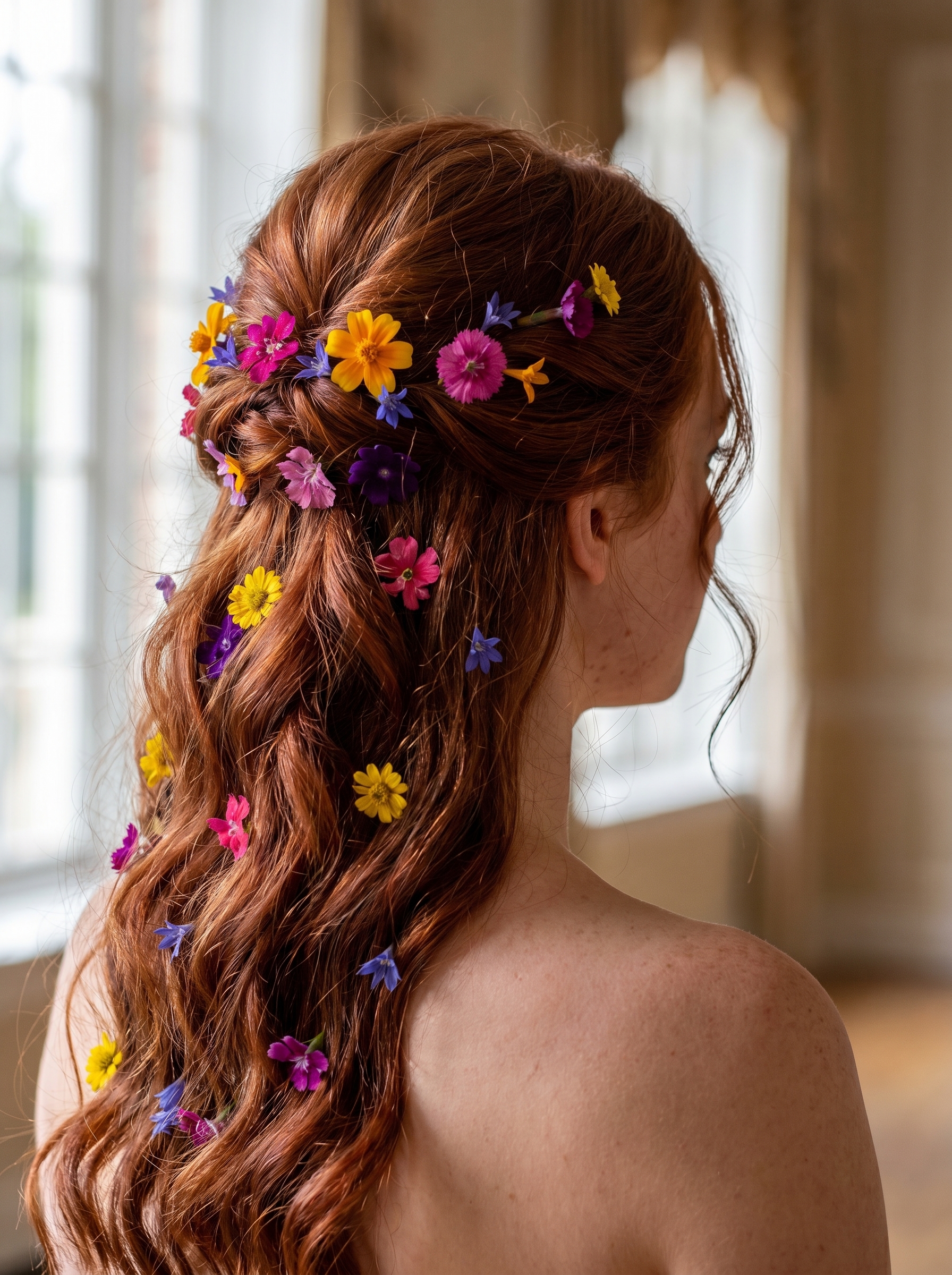 A whimsical Botanical Maximalism half-up hairstyle adorned with fresh flowers and greenery, perfect for natural summer wedding hairstyle ideas 2026.
