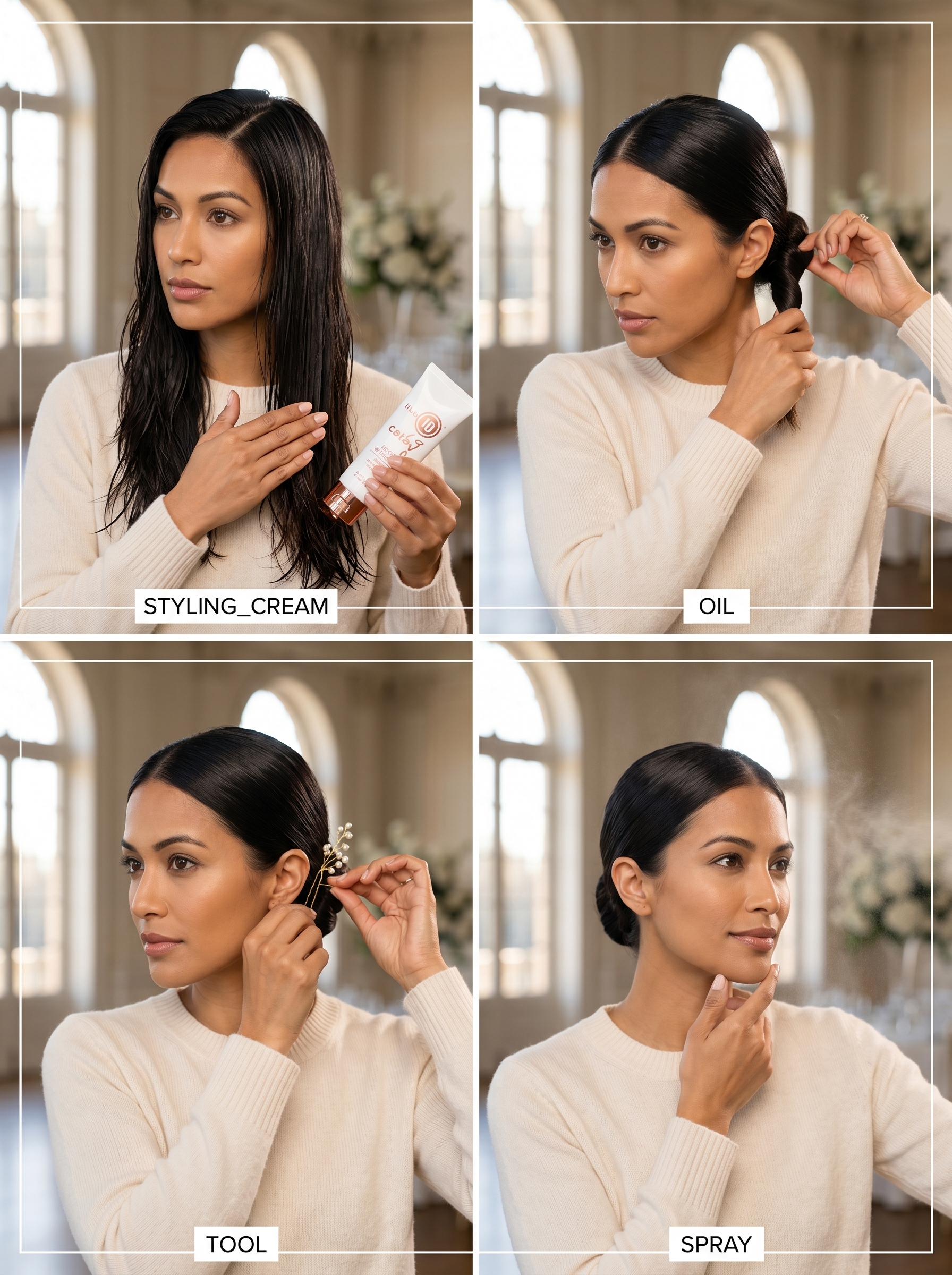 Luxurious 'Glass' low bun in Expensive Espresso, a perfect summer wedding hairstyle, featuring sleek hair adorned with white and gold architectural pearl hair clips, ideal for modern, elegant brides and guests.