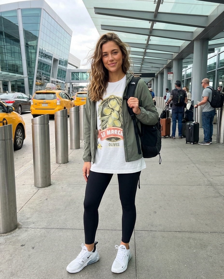 Active travel outfits for exploration, showcasing black athletic leggings, an oversized graphic t-shirt, an olive green lightweight windbreaker, a small athletic backpack, and comfortable sneakers.