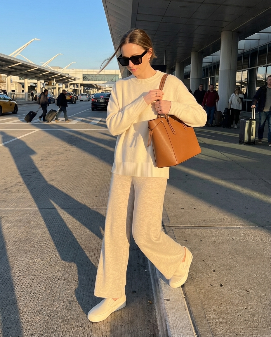 Polished airport travel outfits including oatmeal wide-leg knit pants, a cream cashmere sweater, off-white platform slip-on sneakers, and a tan structured tote bag, complete with oversized sunglasses.