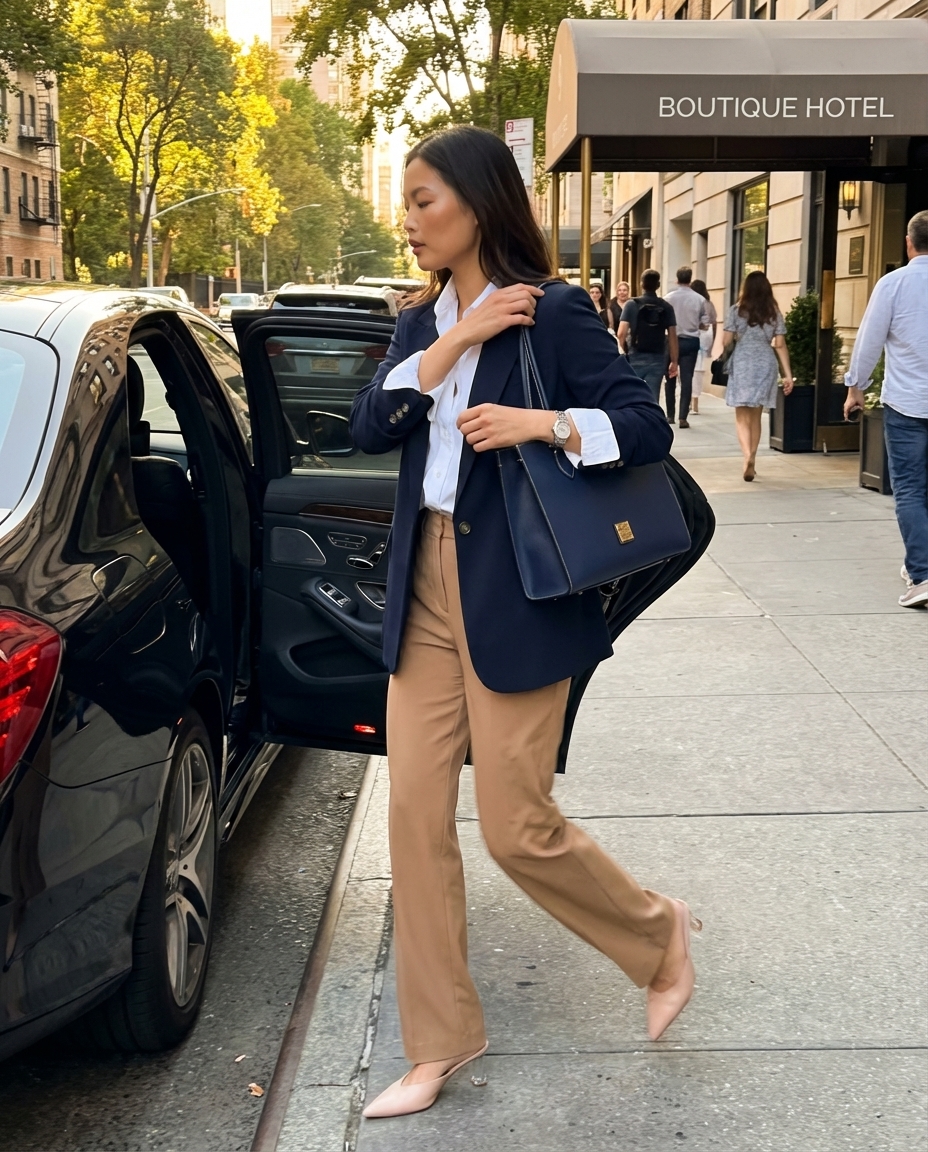 Polished women's travel outfit for a business trip, featuring a navy blazer, a white button-down, tan straight-leg trousers, nude mules, and a navy structured tote bag.