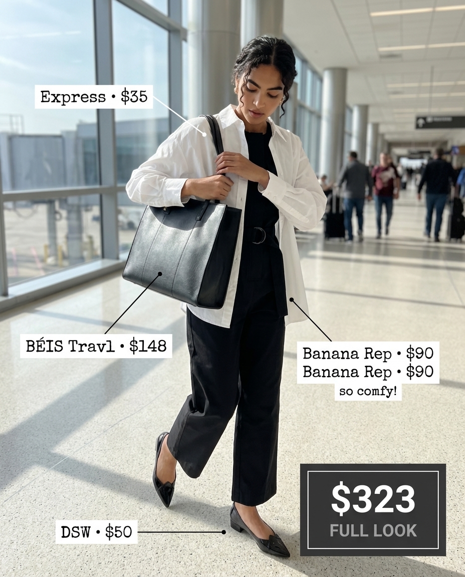 Confident women's travel outfit for business trips, featuring a black tailored utility jumpsuit, a crisp white shirt worn open, black flat mules, a structured tote, and a silver necklace.