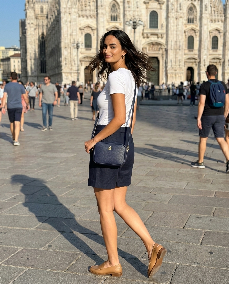 Sophisticated women's travel outfit for city sightseeing featuring navy linen shorts, a white knit top, tan leather loafers, gold stud earrings, and a navy crossbody camera bag.