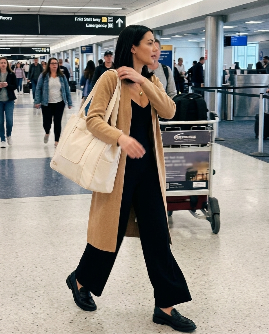 Comfortable and chic travel outfits featuring a black knit wide-leg jumpsuit, a cream longline cardigan, black leather loafers, and a cream canvas tote bag, perfect for airport travel.