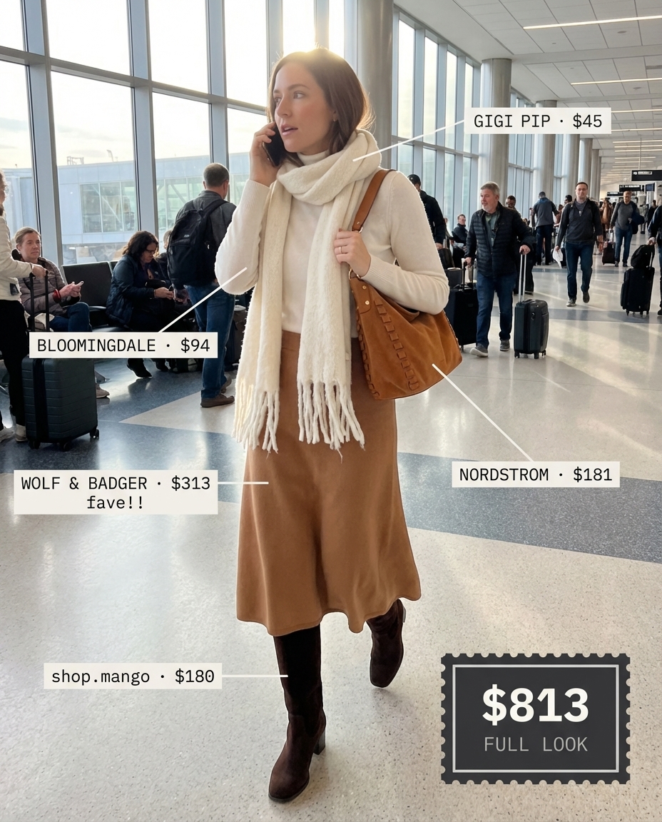 Chic travel outfits for women featuring a camel merino knit midi skirt, ivory cashmere turtleneck, dark brown suede boots, and a matching slouchy hobo bag, perfect for a cozy train journey or autumn road trip.